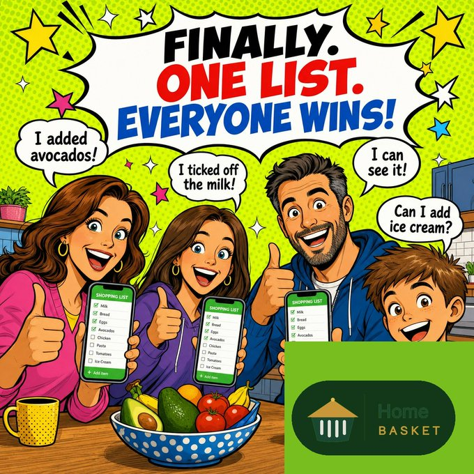 Home Basket family shopping list comic showing one shared list for everyone