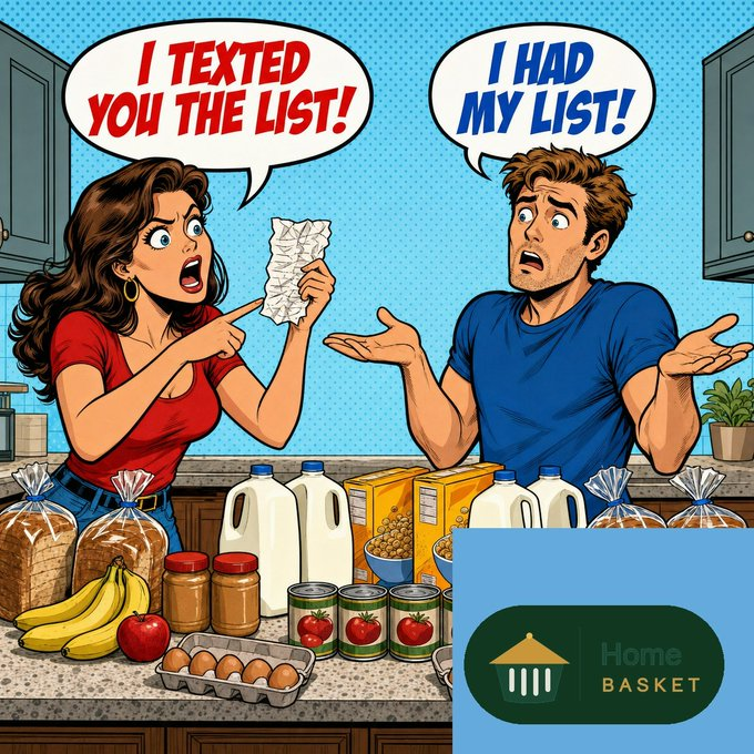 Home Basket comic showing confusion caused by separate shopping lists